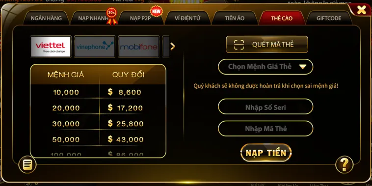 Nạp tiền thẻ cào an toàn tiện lợi bảo mật - thu hút người chơi.